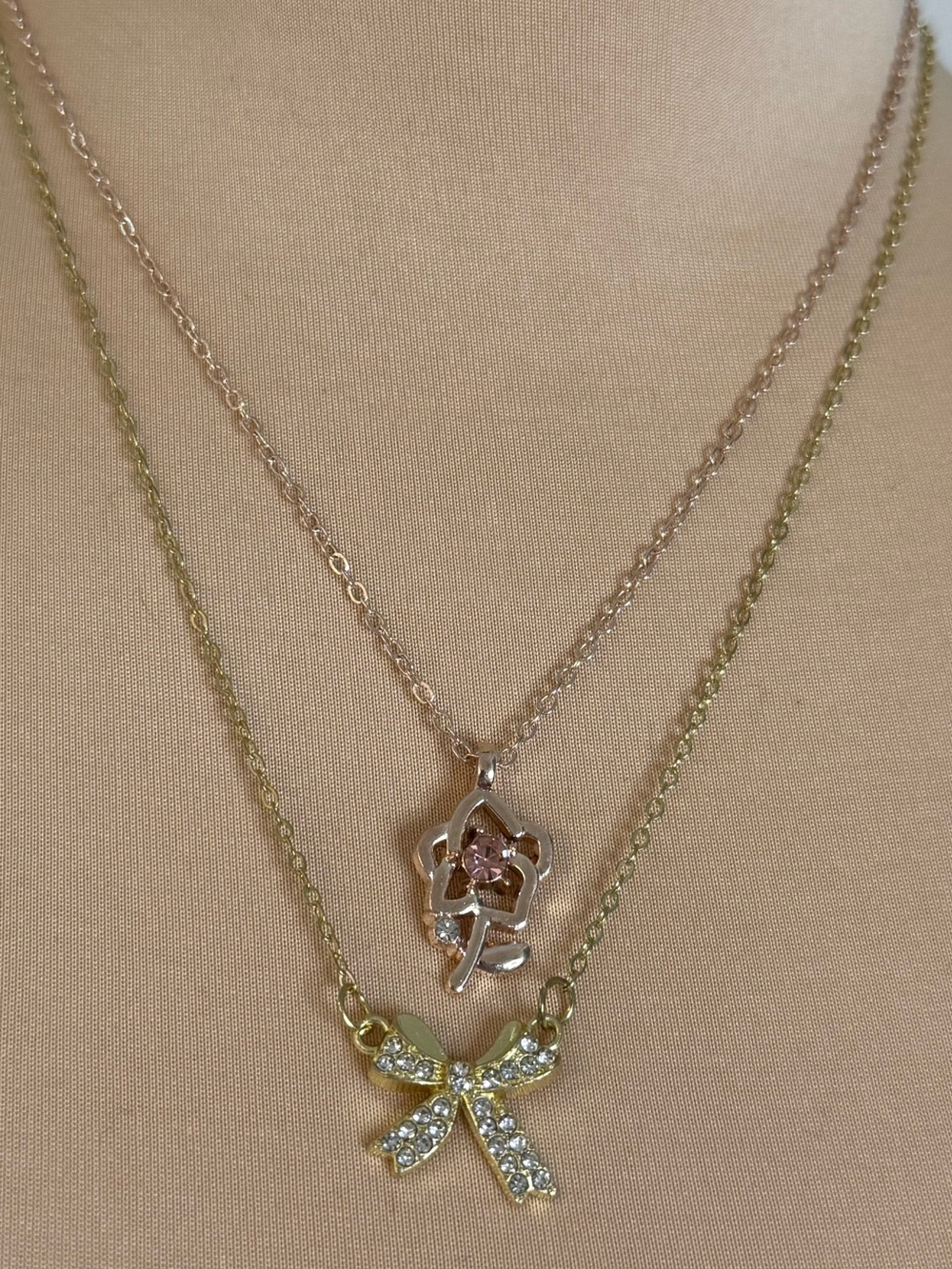 Floral rhinestones coquette bow gold tone dainty chain necklace set of 2